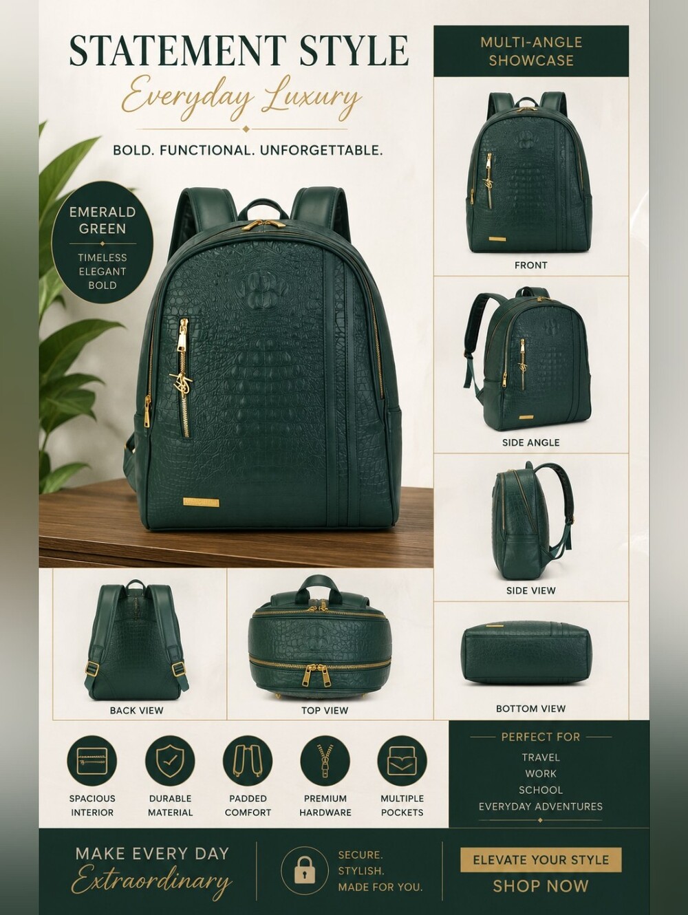 Emerald Green Women's Backpack with Gold Hardware